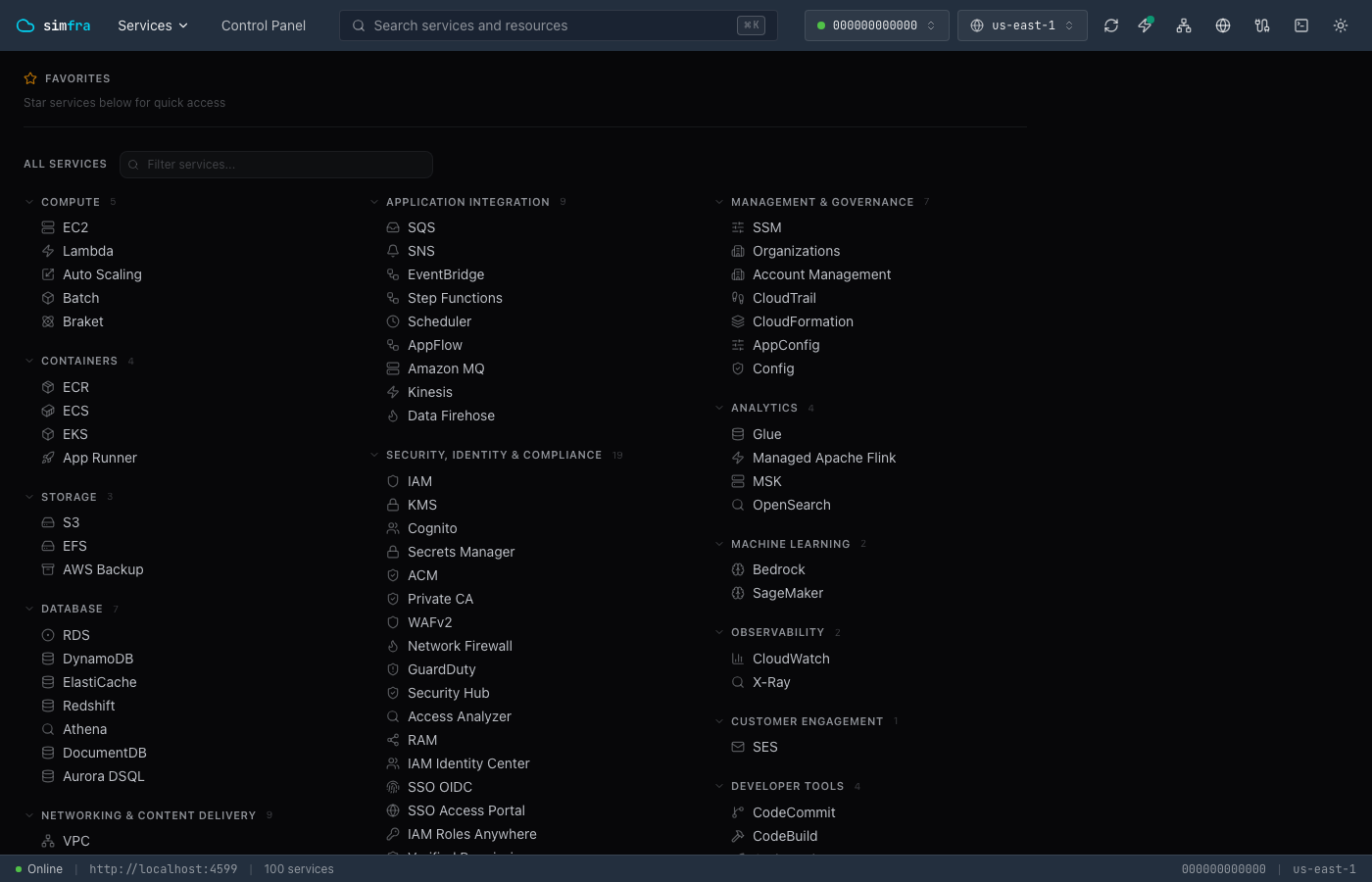 Simfra console showing 106 AWS services